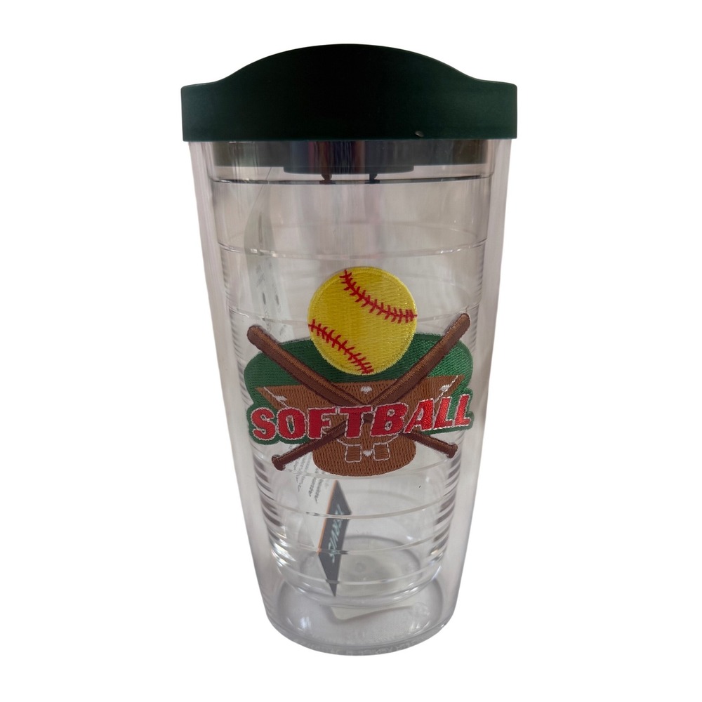 Tervis Tumbler 16oz Softball Embroidered Patch Insulated Cup Green Lid 1302183